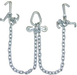 5/16" V chain with a cluster of mini chassis attachments.  Comes with mini J, T, and R hooks.  Also comes with a pear link in the center with grab hooks.  Grade 40.  Great value for towing and transport industry.  Hooks, v bridge, chain, parts, equipment.