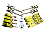 8 Point Tie Down System for trailers and flatbeds with center D-rings.  Drings included.  Tie down system loops through tires, secures vehicles and cargo with no damage.  Rollback, carrier, flatbed, wrecker, trailer, t slots, d rings, ratchets, straps,