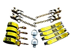 8 Point Tie Down System for trailers and flatbeds with center D-rings.  Drings included.  Tie down system loops through tires, secures vehicles and cargo with no damage.  Rollback, carrier, flatbed, wrecker, trailer, t slots, d rings, ratchets, straps,