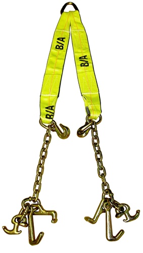 Adjustable V-strap with chain and hook clusters. V, vstrap, hooks, grade 70  ba products b/