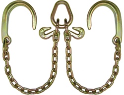 V-Chain with Short J-Hooks Grade 70. 2' legs.  V, chain, strap, bride, bridge, hooks, short, j, towing, parts, equipment, accessories, supplies, transport, tow, recovery, wrecker, carrier, flat, bed, roll, back, jerr, dan, century, miller, truck, tie down