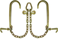 V-Chain with long J-hooks and mini J-hooks - Grade 70.  V, chain, strap, bride, bridge, hooks, short, j, towing, parts, equipment, accessories, supplies, transport, tow, recovery, wrecker, carrier, flat, bed, roll, back, jerr, dan, century, miller, truck,