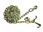 Pair tie down chain assemblies made with 5/16" chain with a cluster of chassis hook attachments (R hook, T hook, and mini J hook) on one end and a grab hook on the other.  Available with 4', 6', 8', or 10' of chain.  Towing, transport, recovery, parts.