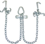 5/16" V chain with a cluster of mini chassis attachments.  Comes with mini J, T, and R hooks.  Also comes with a pear link in the center with grab hooks.  Grade 40.  Great value for towing and transport industry.  Hooks, v bridge, chain, parts, equipment.